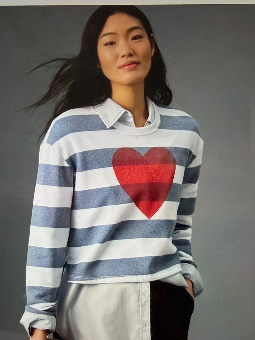 Sundry Blue & White Striped Pullover with Red Heart Graphic